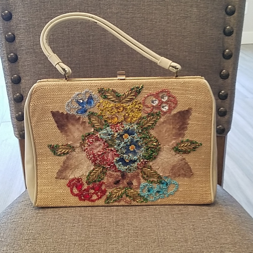 2 FOR $20 -  Vintage Beaded Linen Handbag